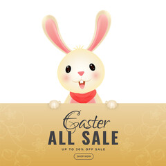 Sticker - Easter Sale Poster Design with Cute Bunny Character on Png Background.