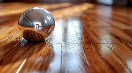 Wall Mural - A vibrant close-up of a polished wooden table with a metallic 3D object resting on its surface