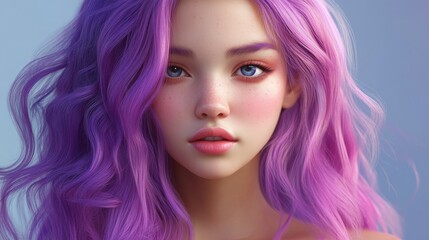 Aufkleber - A young woman with wavy purple hair and bright blue eyes gazes softly at the viewer, embodying a modern, artistic style.
