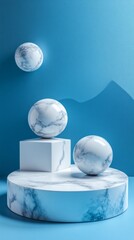 Poster - Three marble spheres and a cube are artistically arranged on a round platform, creating a striking contrast against a smooth blue background that emphasizes modern aesthetics