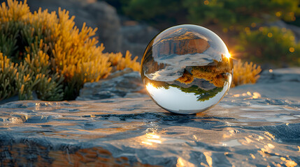 Wall Mural - A vibrant close-up of a rough stone surface with a reflective 3D object resting on its surface