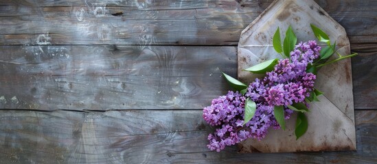 Wall Mural - Lilac branches inside an envelope on a wooden surface. Copy space image. Place for adding text and design