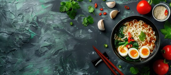 Poster - Chinese ramen noodles with spicy sauce blended with coriander leaves and spinach for a vegetarian dish. Copy space image. Place for adding text and design