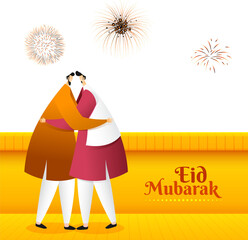 Sticker - Faceless Muslim men hugging each other. Creative background with exploding firecrackers decoration for Islamic Festival celebration Eid Mubarak.