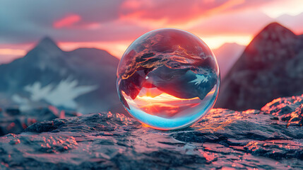 Wall Mural - A vibrant close-up of a rough stone surface with a reflective 3D object resting on its surface
