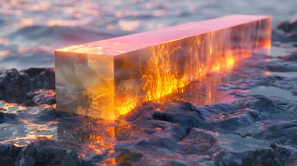Wall Mural - A vibrant close-up of a rough stone surface with a reflective 3D object resting on its surface
