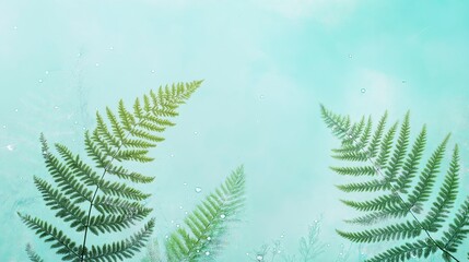 Wall Mural - Green Ferns Reaching Upwards Against a Soft Aqua Background

