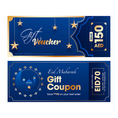 Sticker - Blue Eid Mubarak gift coupon or voucher design differnt offer.