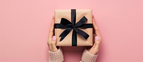 Woman s hands present a wrapped Valentine s or other holiday handmade gift in paper with a black ribbon The gift box is decorated on a pink table viewed from above with copyspace