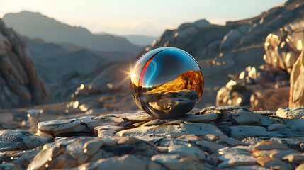 Wall Mural - A vibrant close-up of a rough stone surface with a reflective 3D object resting on its surface