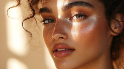 Wall Mural - A young woman poses with soft curls and a radiant complexion, sunlight casting gentle shadows across her face.