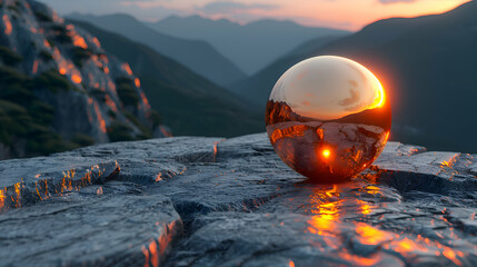 Wall Mural - A vibrant close-up of a rough stone surface with a reflective 3D object resting on its surface