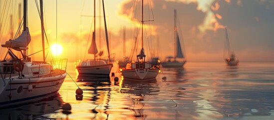 Wall Mural - Boats at the harbor with the sun setting Docked boats by the ocean during sunset The idea of sailing and enjoying time on a boat specifically a sailboat. Copy space image