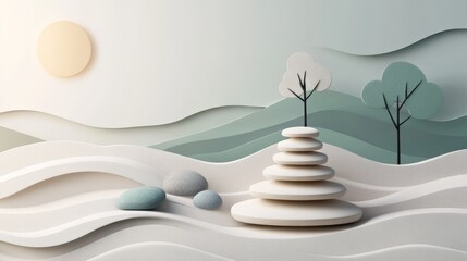 Poster - A minimalist, abstract landscape featuring gracefully stacked stones, simplistic trees, and softly rolling hills under a circular sun in muted pastel tones.