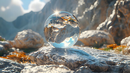 Wall Mural - A vibrant close-up of a rough stone surface with a reflective 3D object hovering just above
