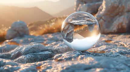 Wall Mural - A vibrant close-up of a rough stone surface with a reflective 3D object resting on its surface