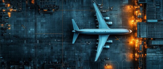 Airplanes criss-crossing runways and taxiways in an aerial view of a bustling airport