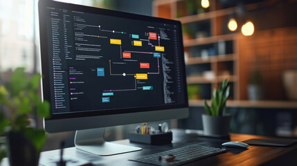 Email Automation,  A computer screen displays a flowchart of an automated email sequence, showcasing a streamlined marketing strategy using automation tools