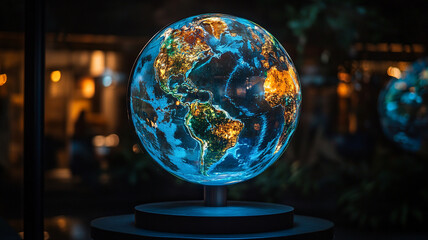 Poster - An illuminated globe showcasing vibrant landmasses and shimmering city lights in a dimly lit contemporary setting at night