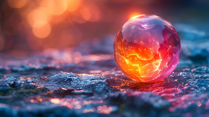Wall Mural - A vibrant close-up of a rough stone surface with a reflective 3D object resting on its surface