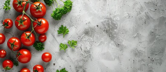 Wall Mural - Food background featuring organic tomatoes with parsley on a gray concrete surface Top view copy space Flat lay arrangement