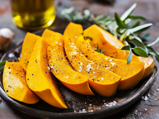 Wall Mural - Slices Of Ripe Pumpkin With Spices And Olive Oil