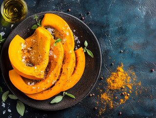 Wall Mural - Slices of Ripe Pumpkin with Spices and Olive Oil on Dark Plate