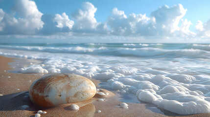 Wall Mural - A vibrant close-up of a smooth pebble on a beach with a reflective 3D object floating nearby