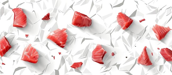 Poster - Pieces of raw tuna Tuna portions intended for steaks on craft paper Isolated object Image on a white background Isolated object Copy space