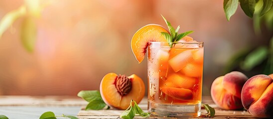 Poster - Peach tea Peach food and drink items Food nutrition idea. Copy space image. Place for adding text and design