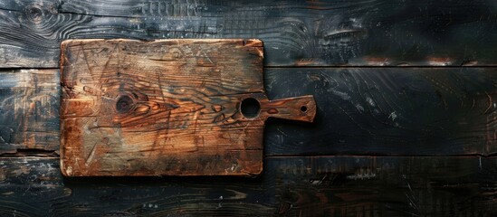 Wall Mural - A worn cutting board on a dark wooden table Top view Copyspace