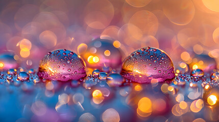 Wall Mural - A vibrant close-up of dewdrops on a glassy surface with a shadowy 3D object emerging in the background