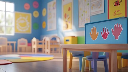 Informative Daycare Center with Posters and Signs Providing Educational Content about Preventing the Spread of Hand Foot and Mouth Disease Among Young Children