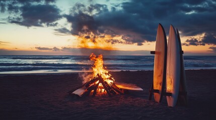 Aufkleber - An enchanting beach atmosphere at dusk with surfboards standing near a mesmerizing bonfire, casting warming light on the sand, with waves gently rolling in the background.