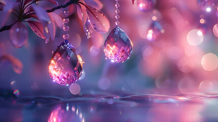 Wall Mural - A vibrant close-up of dewdrops on a glassy surface with a shadowy 3D object emerging in the background, illuminated by soft morning light