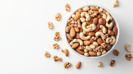 Poster - This image features an overhead view of a white bowl filled with a variety of assorted nuts, including walnuts, cashews, and almonds, scattered on a white background.