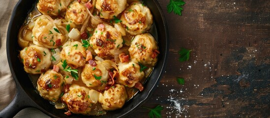 Sticker - Dumplings filled with meat onions and bacon on a cast iron skillet Selective focus Top view Copy space