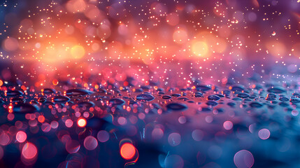 Wall Mural - A vibrant close-up of dewdrops on a glassy surface with a shadowy 3D object emerging in the background, illuminated by soft morning light