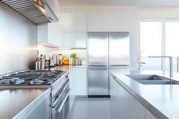 Wall Mural - Sleek modern kitchen featuring stainless steel appliances, a spacious countertop, and white cabinets, creating a clean and contemporary cooking environment.