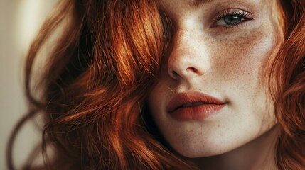 Poster - A young woman with vibrant red hair and freckles gazes softly, her locks gently framing her face in warm, natural light.