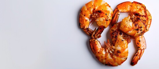 Sticker - Grilled shrimp in a heart shape on a white background. Copy space image. Place for adding text and design