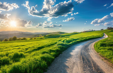 Sticker - Beautiful spring landscape with green grass and a road in Tuscany, Italy.