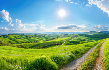 Sticker - Beautiful spring landscape with green grass and a road in Tuscany, Italy.