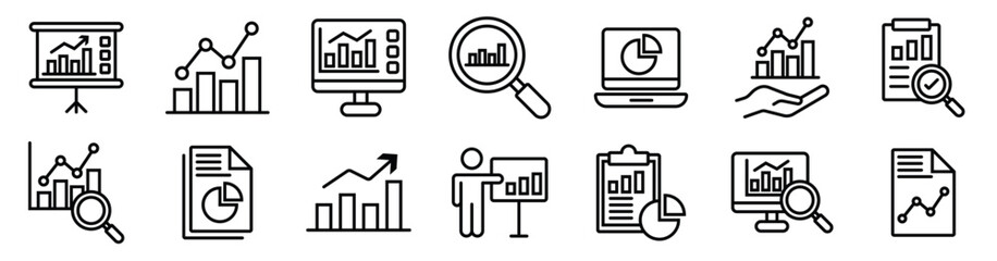 Canvas Print - Data analytics thin line icon vector set. Statistical science data information. Containing financial profit graph, database, statistics, chart, presentation, performance. Review results documents