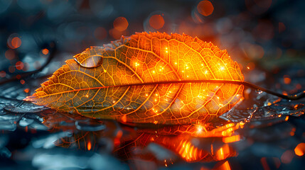 Wall Mural - A vibrant macro shot of a leaf with a 3D holographic shape hovering just above its surface