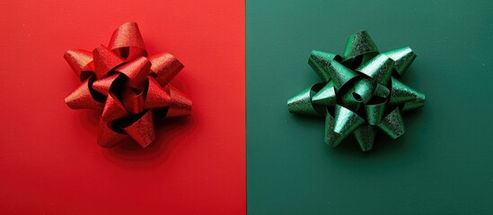 Canvas Print - Two Christmas bows one green and one red positioned on a red and green paper background in a flat lay arrangement. Copy space image. Place for adding text and design