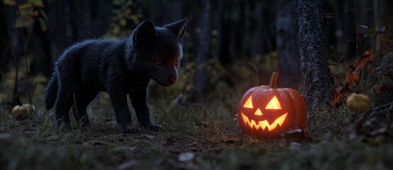 An eerie Halloween scene with glowing pumpkins and a creepy wolf pup