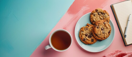 Poster - blank open book cookies and notebook on a colored background. copy space image. place for adding tex