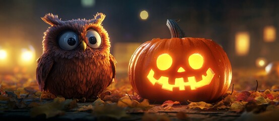 A haunting Halloween pumpkin and a zombie owl illuminated in the dark autumn night