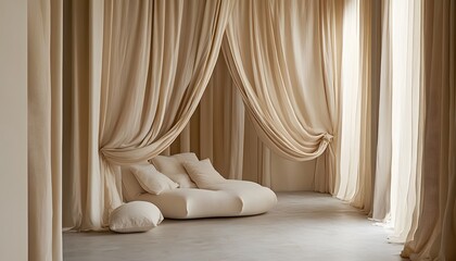 Wall Mural - A Soft, White Couch Nestled Within Draped Curtains